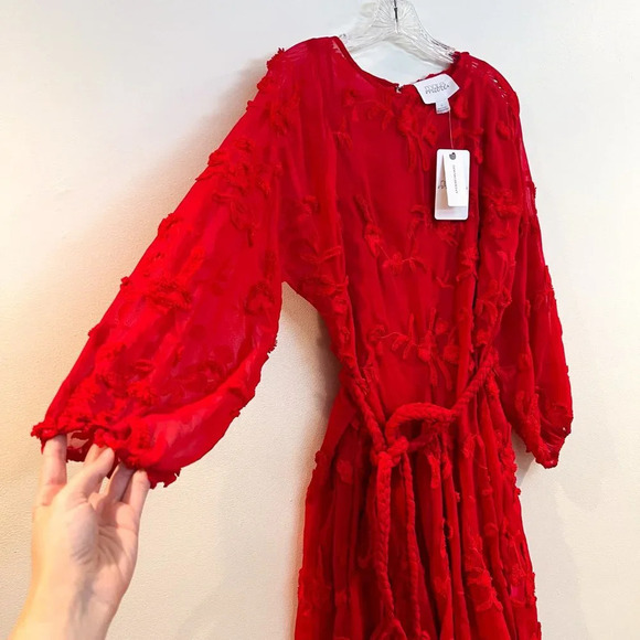 Mare Mare Red Floral Embroidered Long Sleeve Rope Tie Bohemian Mini Dress S NWT - Picture 4 of 10